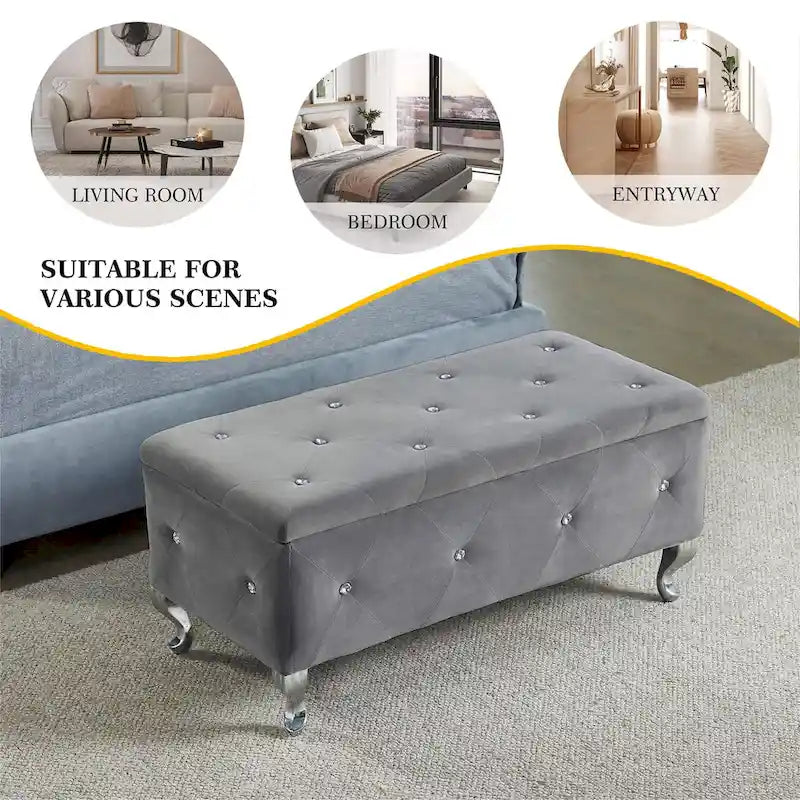 Gray Tufted Storage Bench with Crystal Buttons