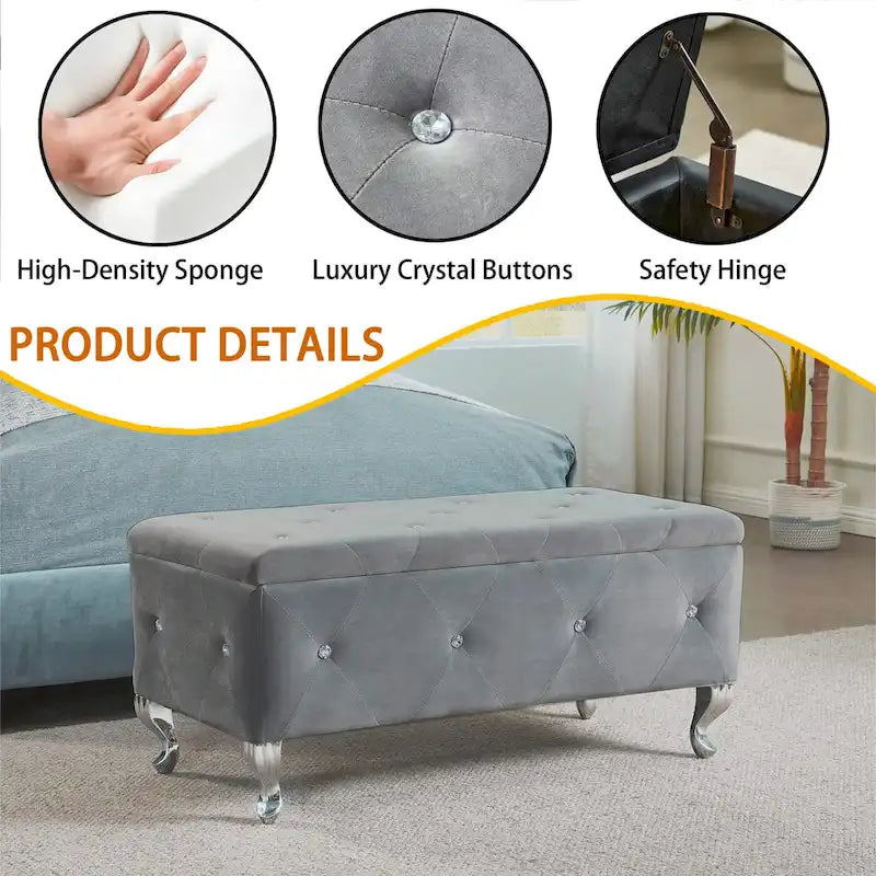 Gray Tufted Storage Bench with Crystal Buttons