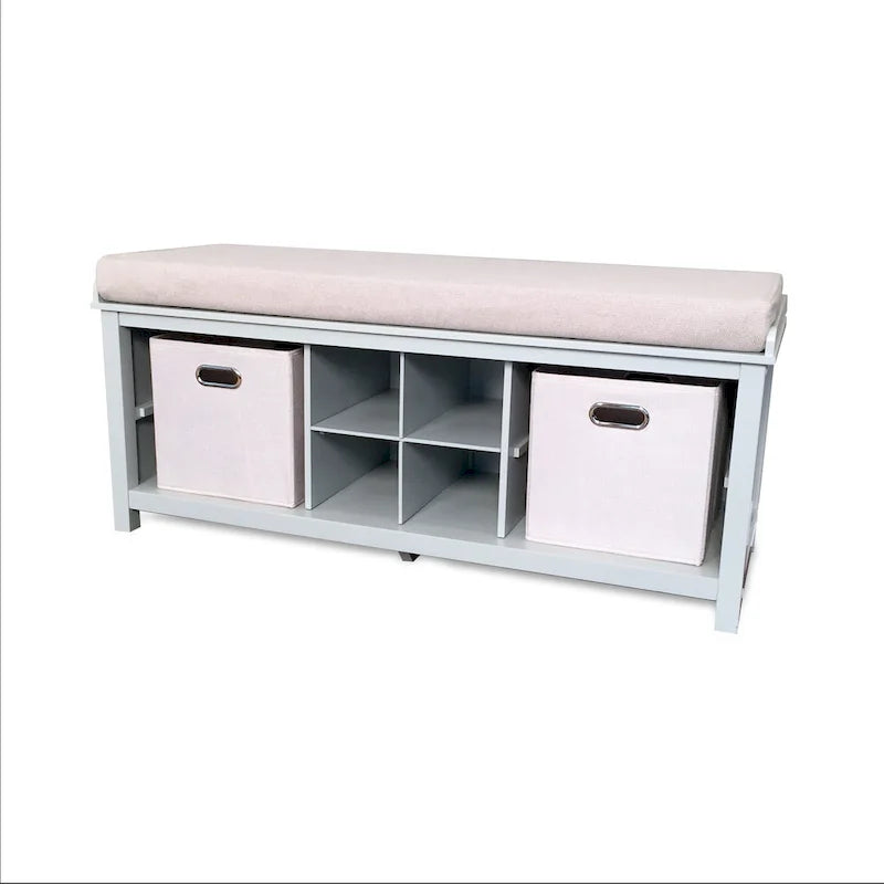 Grey Solid Wood Entryway Bench with Storage Cubbies for 2 Adults