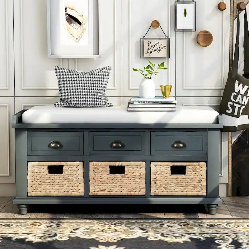 Natural Wood Storage Bench with Drawers and Wicker Baskets