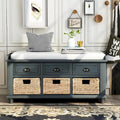 Natural Wood Storage Bench with Drawers and Wicker Baskets