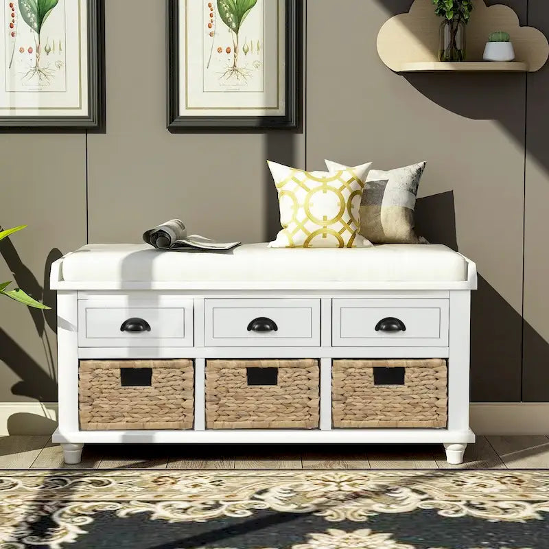 Natural Wood Storage Bench with Drawers and Wicker Baskets