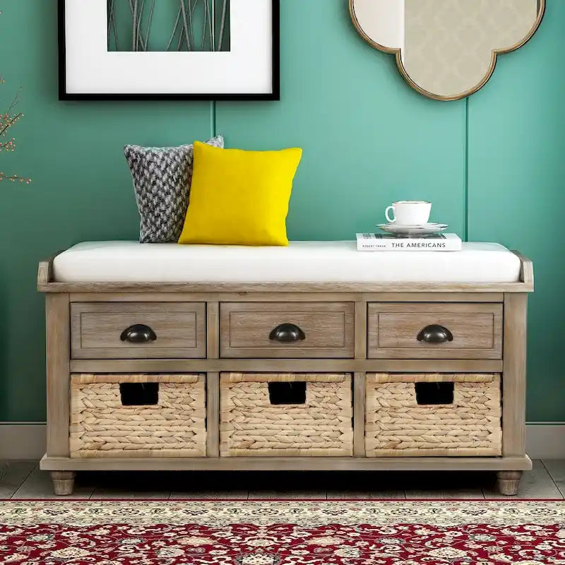 Natural Wood Storage Bench with Drawers and Wicker Baskets