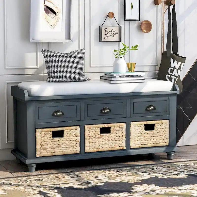 Natural Wood Storage Bench with Drawers and Wicker Baskets