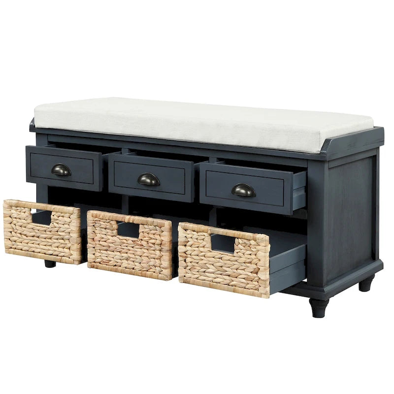 Natural Wood Storage Bench with Drawers and Wicker Baskets