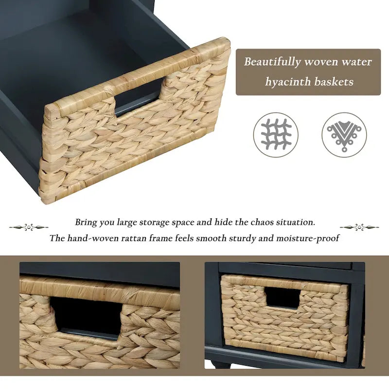 Natural Wood Storage Bench with Drawers and Wicker Baskets