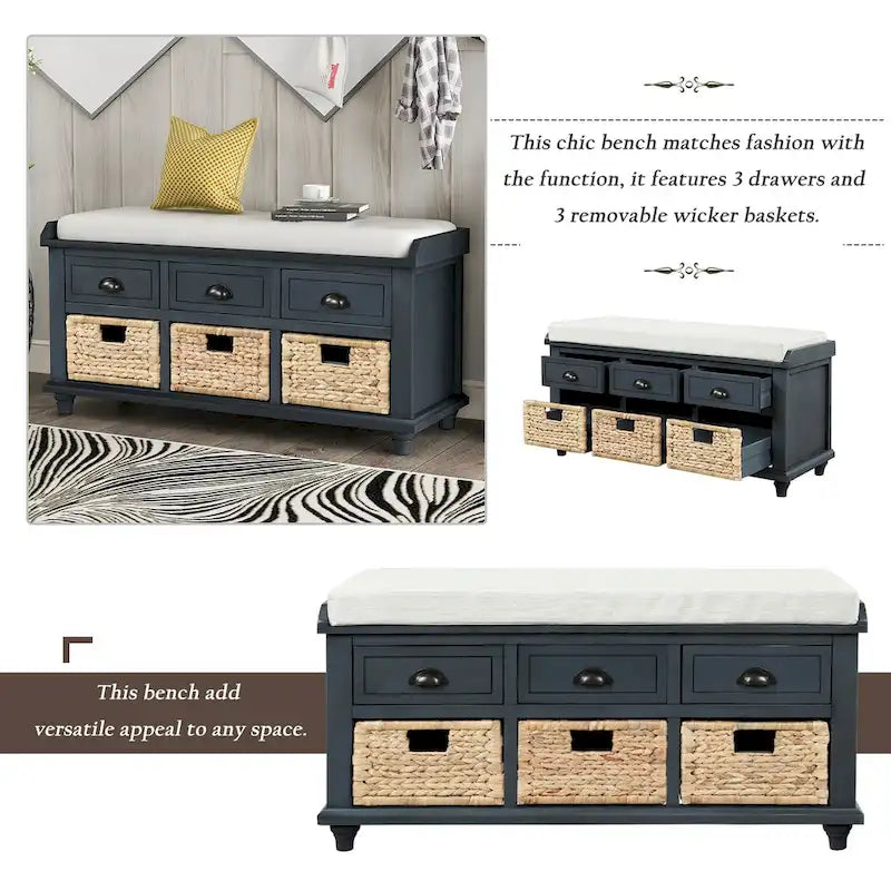 Natural Wood Storage Bench with Drawers and Wicker Baskets