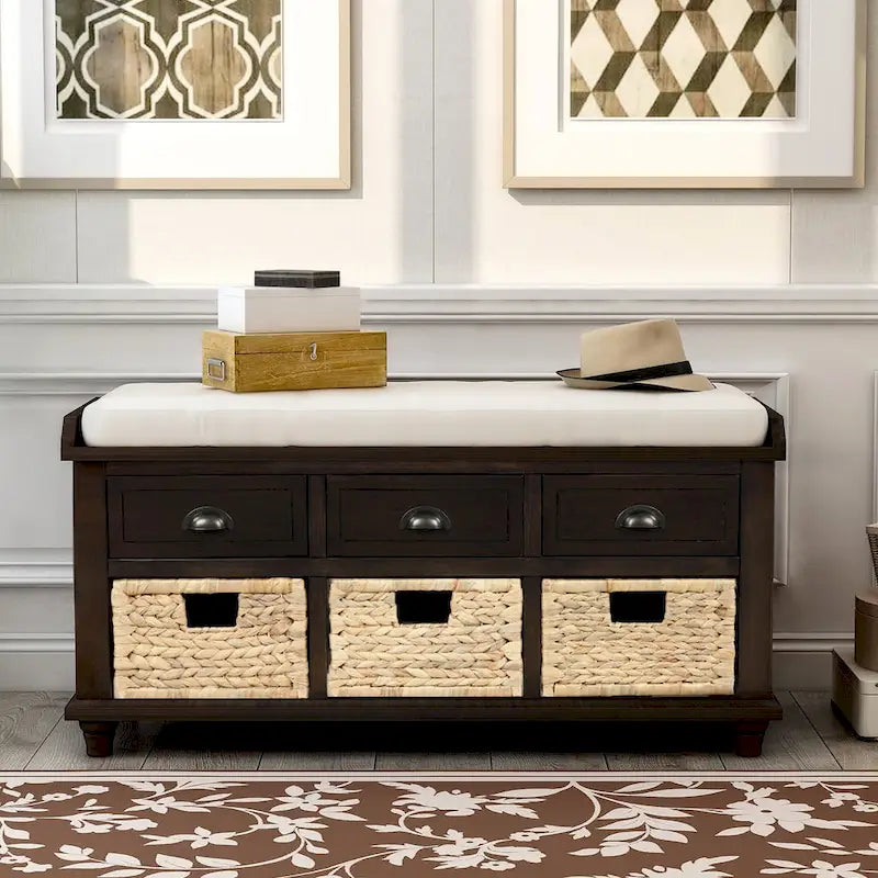 Natural Wood Storage Bench with Drawers and Wicker Baskets