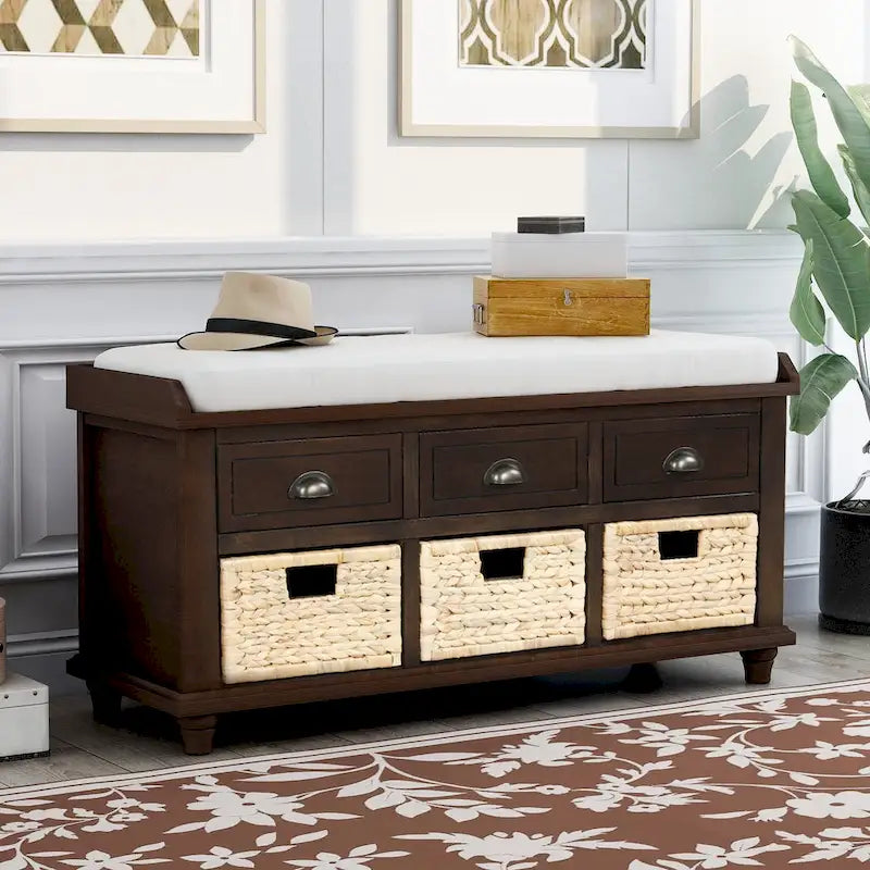Natural Wood Storage Bench with Drawers and Wicker Baskets