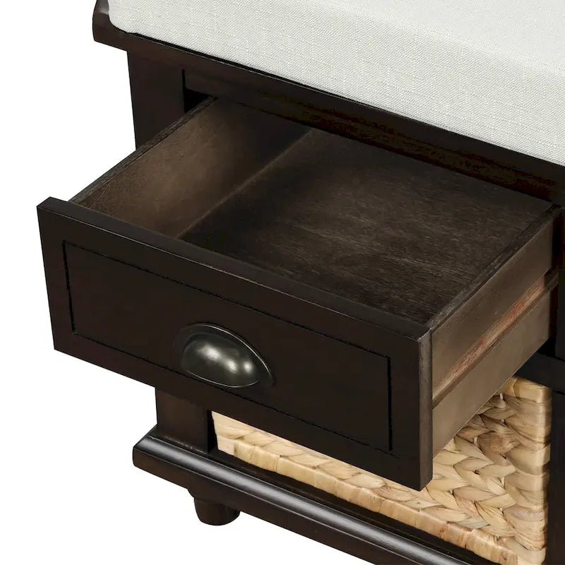 Natural Wood Storage Bench with Drawers and Wicker Baskets