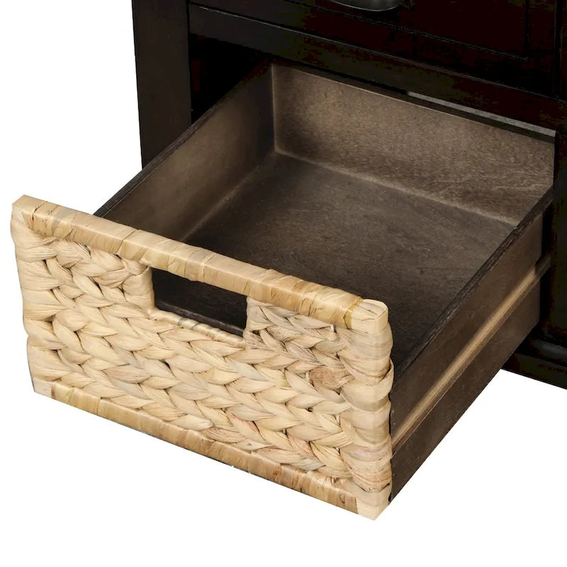Natural Wood Storage Bench with Drawers and Wicker Baskets