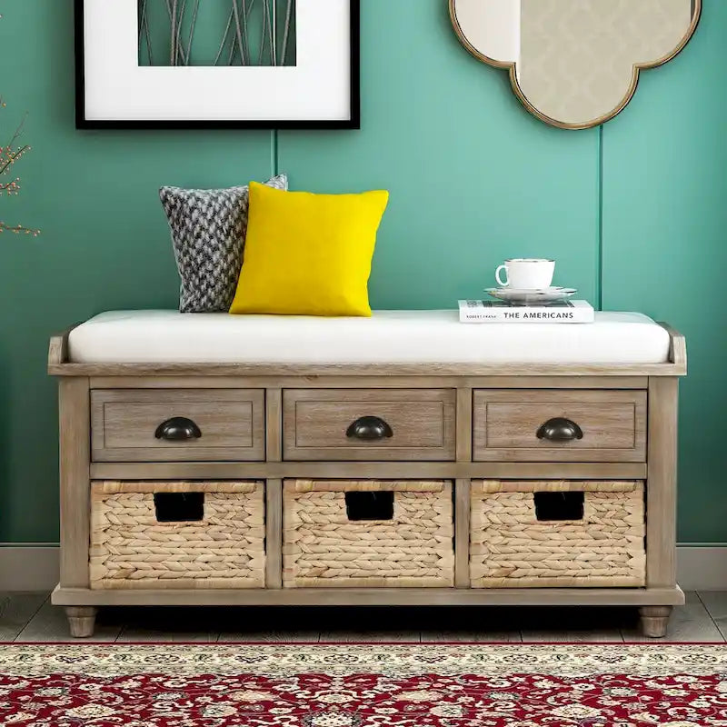 Natural Wood Storage Bench with Drawers and Wicker Baskets