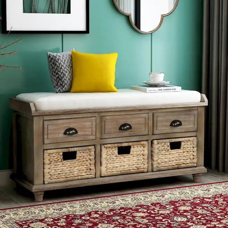Natural Wood Storage Bench with Drawers and Wicker Baskets
