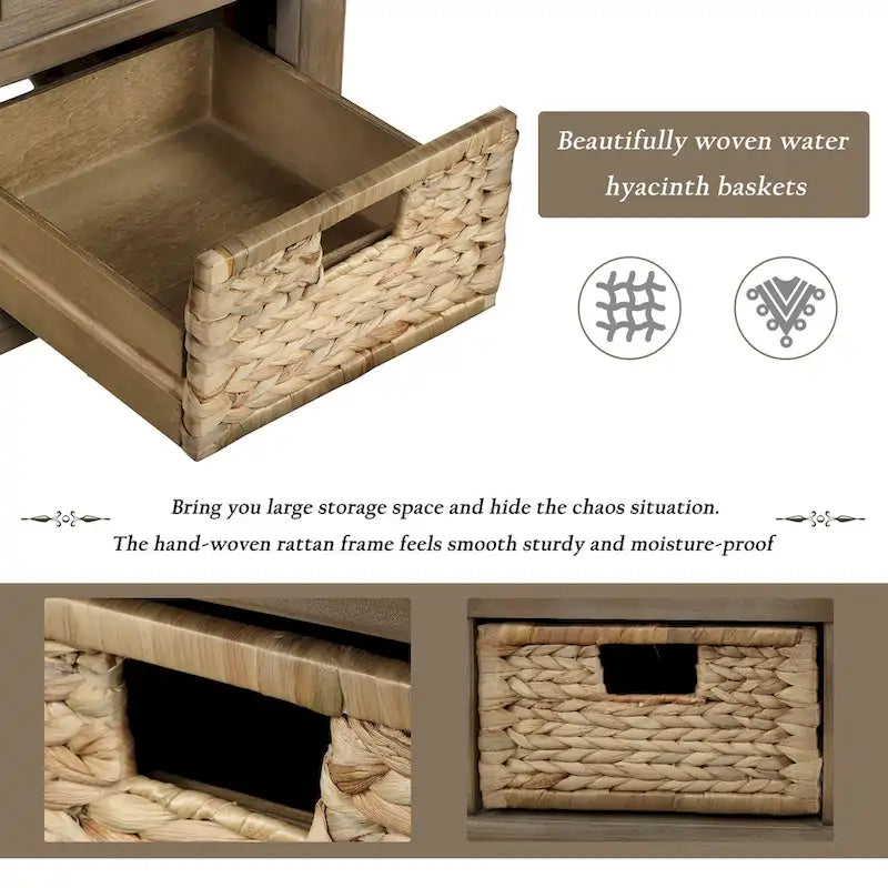 Natural Wood Storage Bench with Drawers and Wicker Baskets
