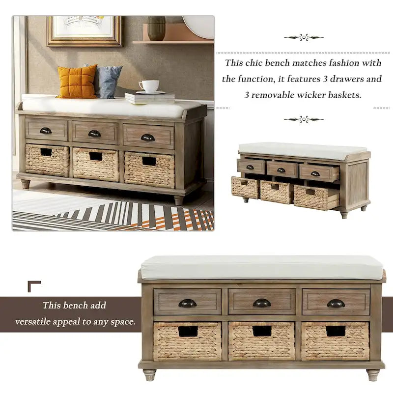 Natural Wood Storage Bench with Drawers and Wicker Baskets