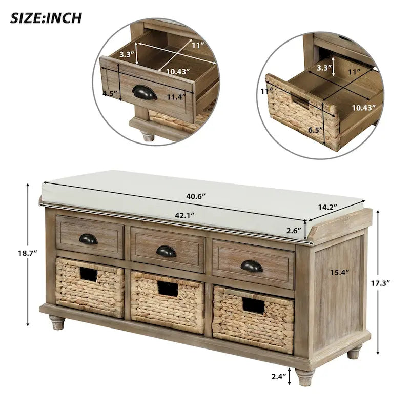 Natural Wood Storage Bench with Drawers and Wicker Baskets