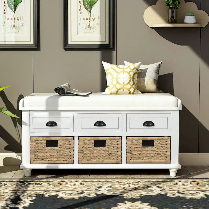 Natural Wood Storage Bench with Drawers and Wicker Baskets
