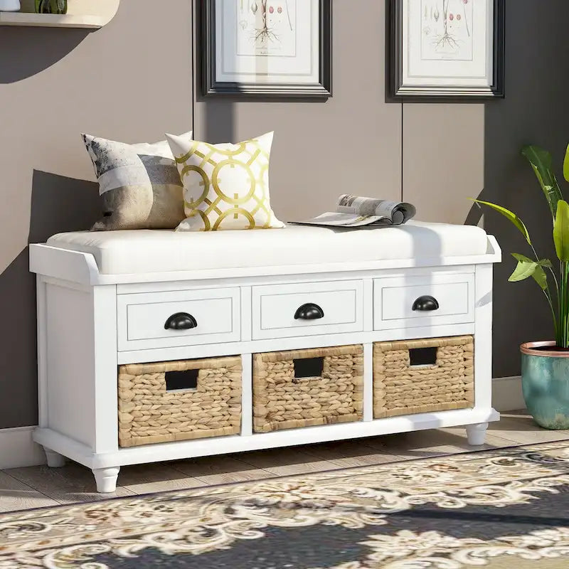 Natural Wood Storage Bench with Drawers and Wicker Baskets