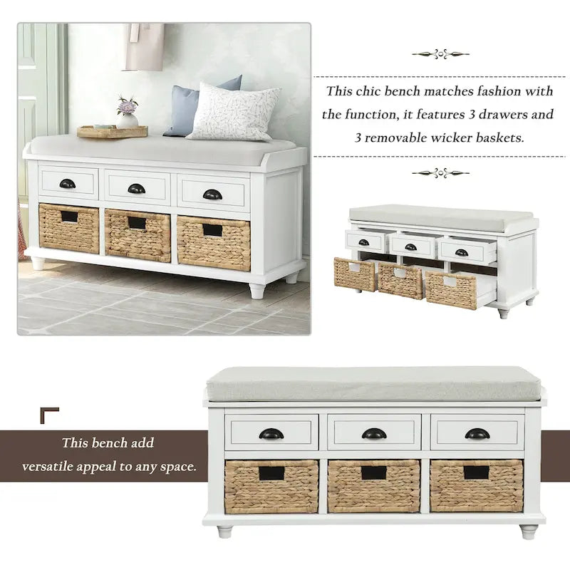 Natural Wood Storage Bench with Drawers and Wicker Baskets