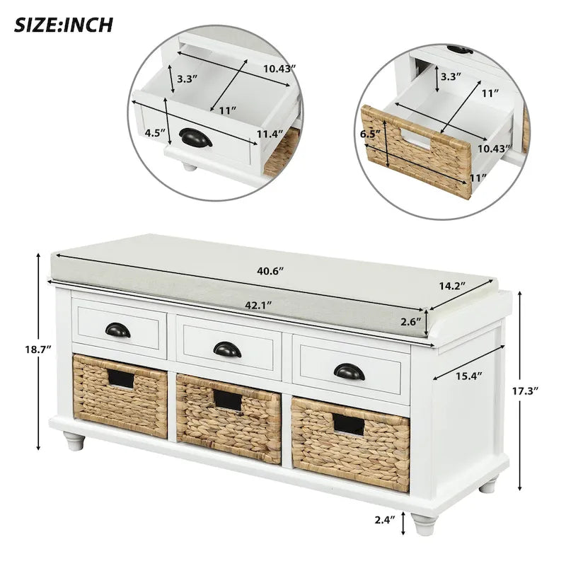 Natural Wood Storage Bench with Drawers and Wicker Baskets