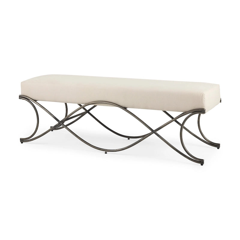 Gray Fabric Upholstered Bench with Gold Metal Legs