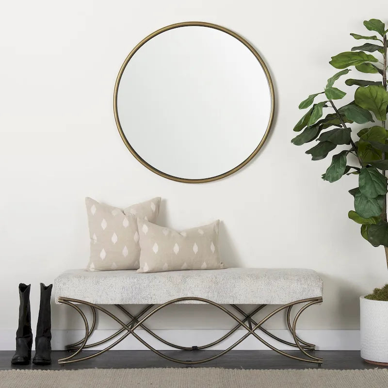 Gray Fabric Upholstered Bench with Gold Metal Legs