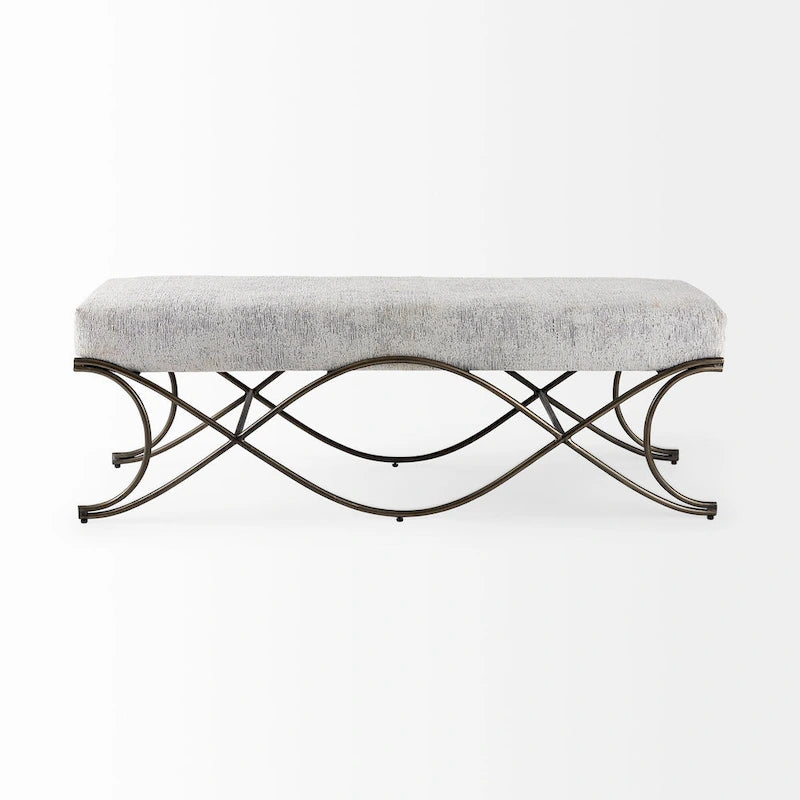 Gray Fabric Upholstered Bench with Gold Metal Legs