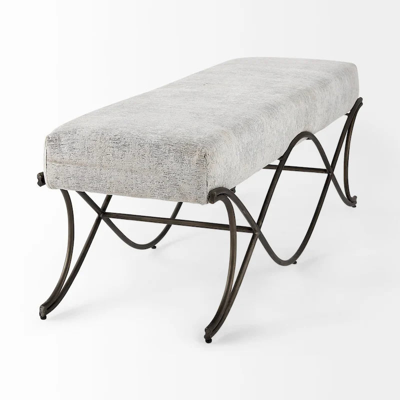 Gray Fabric Upholstered Bench with Gold Metal Legs