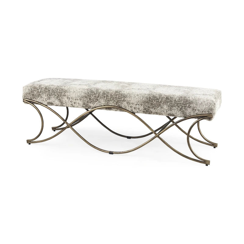 Gray Fabric Upholstered Bench with Gold Metal Legs