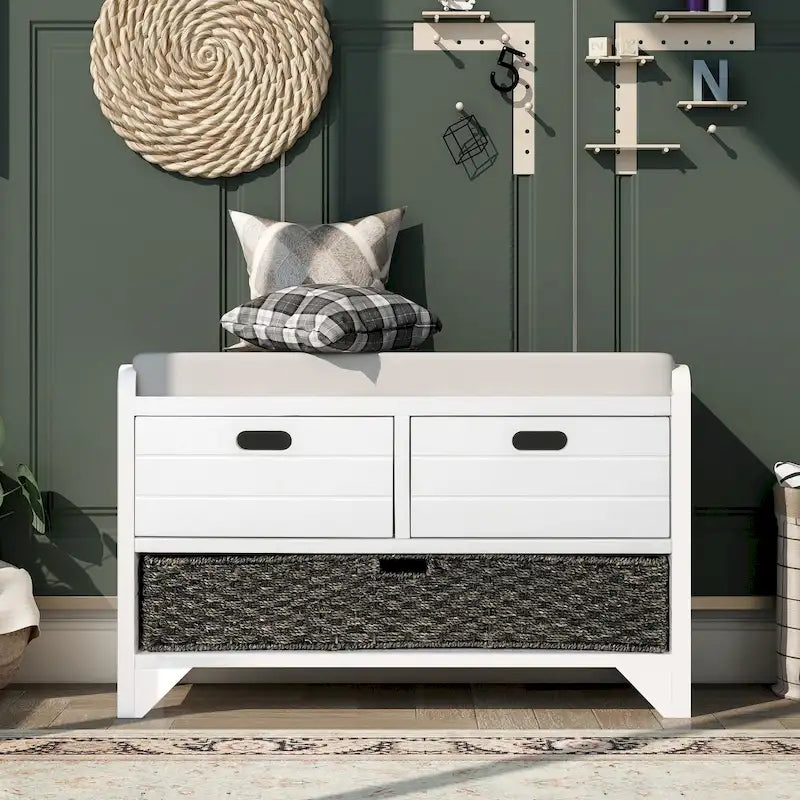 Rustic Wood Storage Bench with Cushioned Seat - 2 Drawers & Basket