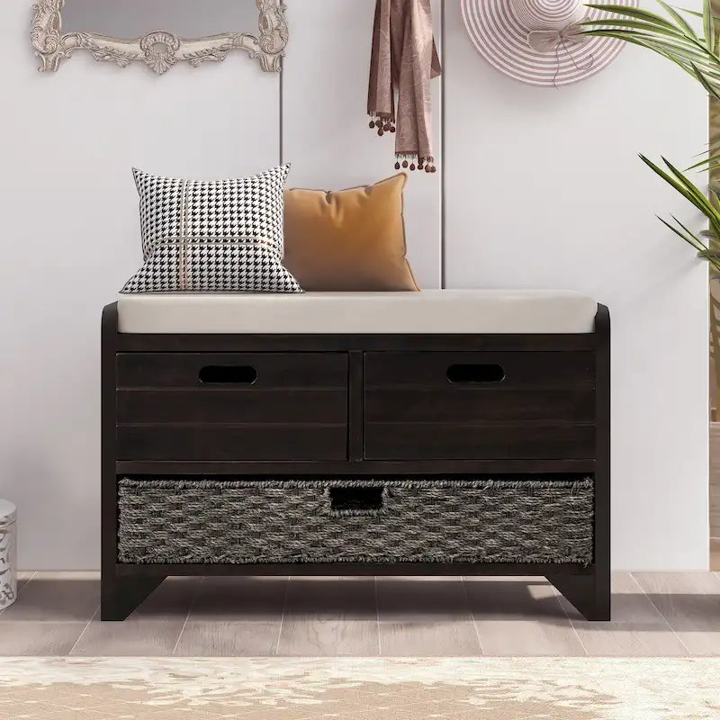 Rustic Wood Storage Bench with Cushioned Seat - 2 Drawers & Basket