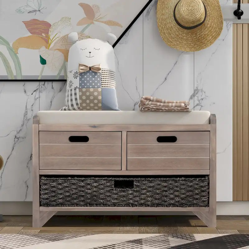 Rustic Wood Storage Bench with Cushioned Seat - 2 Drawers & Basket