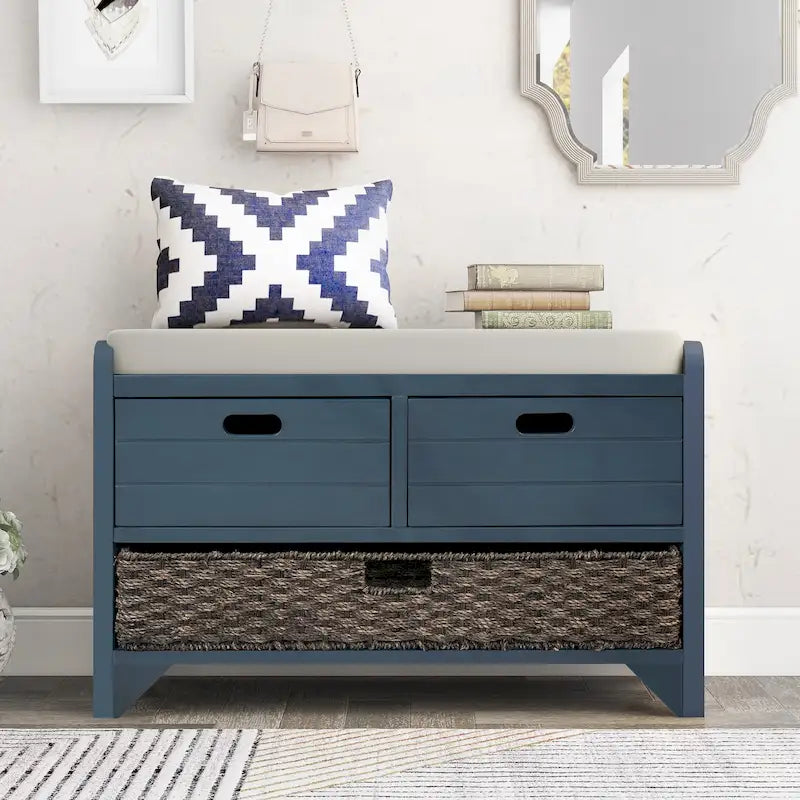 Rustic Wood Storage Bench with Cushioned Seat - 2 Drawers & Basket
