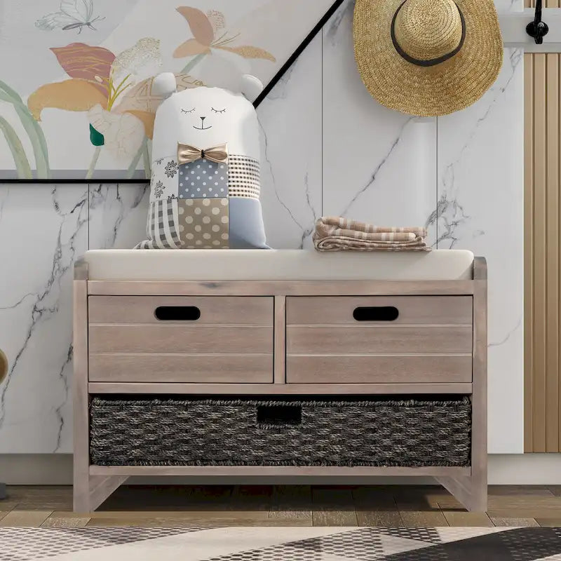 Rustic Wood Storage Bench with Cushioned Seat - 2 Drawers & Basket