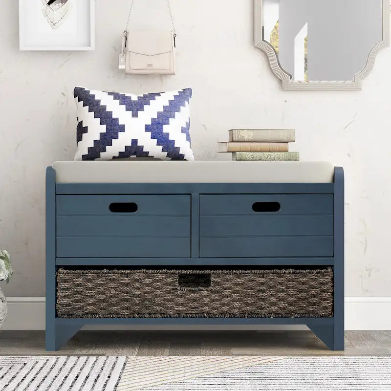 Rustic Wood Storage Bench with Cushioned Seat - 2 Drawers & Basket