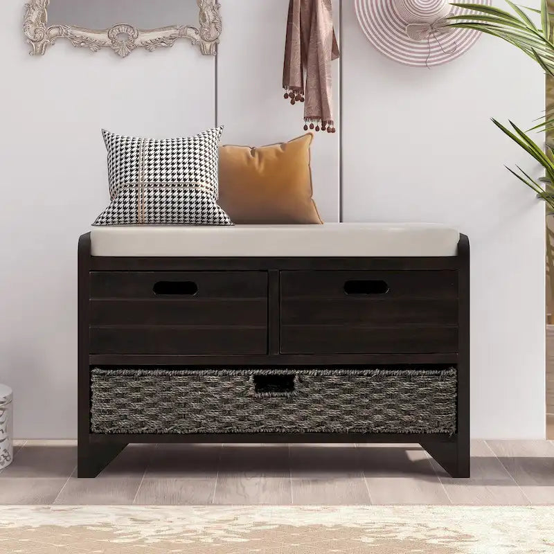 Rustic Wood Storage Bench with Cushioned Seat - 2 Drawers & Basket