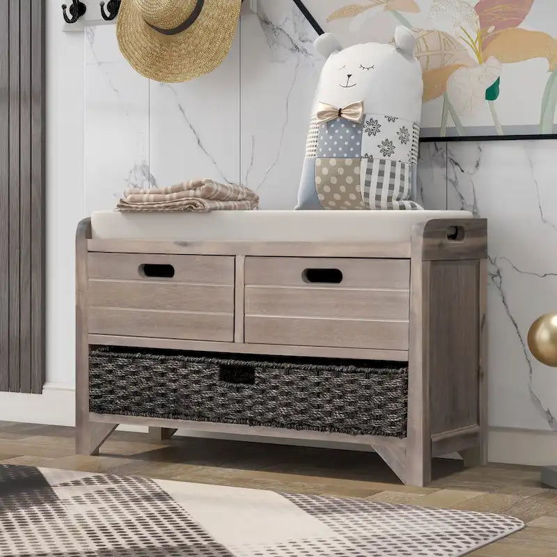 Rustic Wood Storage Bench with Cushioned Seat - 2 Drawers & Basket