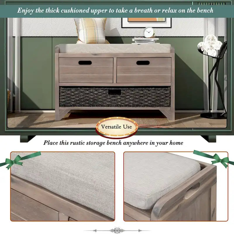 Rustic Wood Storage Bench with Cushioned Seat - 2 Drawers & Basket