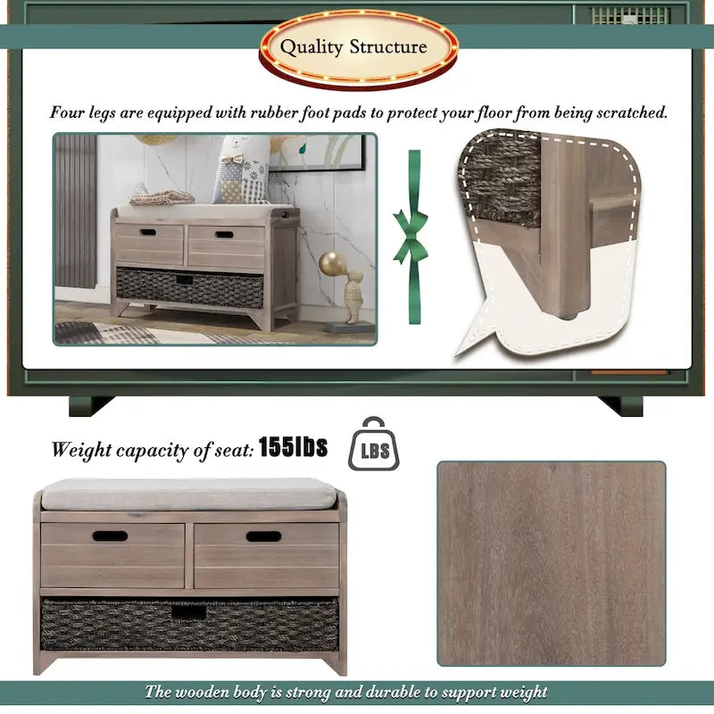 Rustic Wood Storage Bench with Cushioned Seat - 2 Drawers & Basket