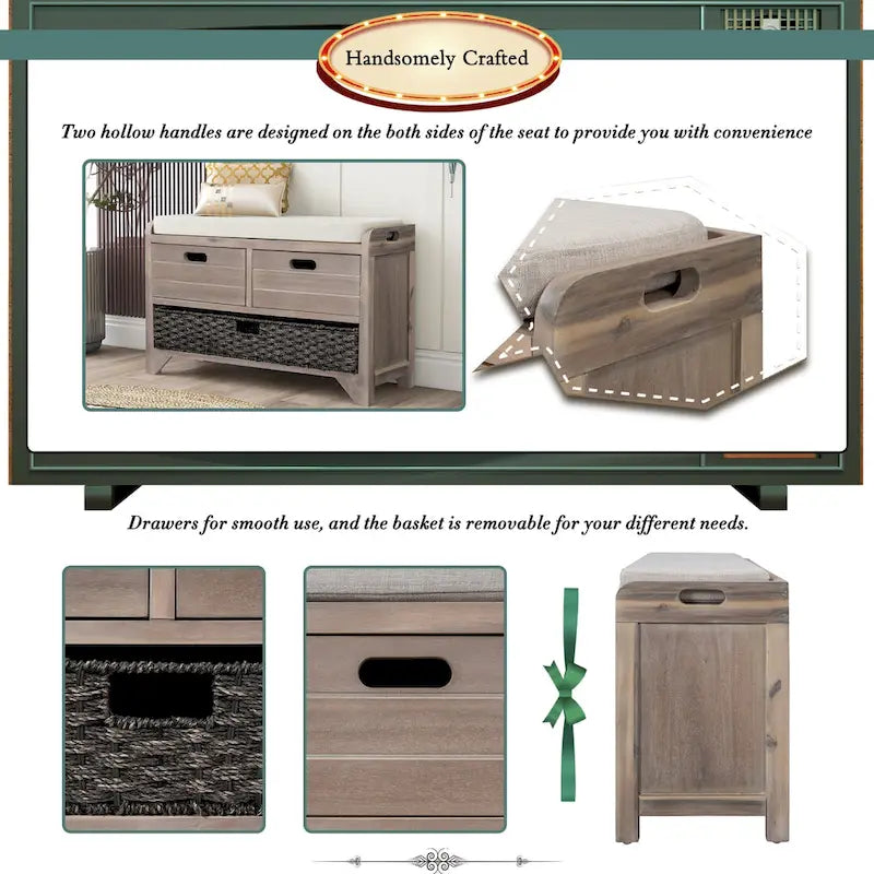 Rustic Wood Storage Bench with Cushioned Seat - 2 Drawers & Basket