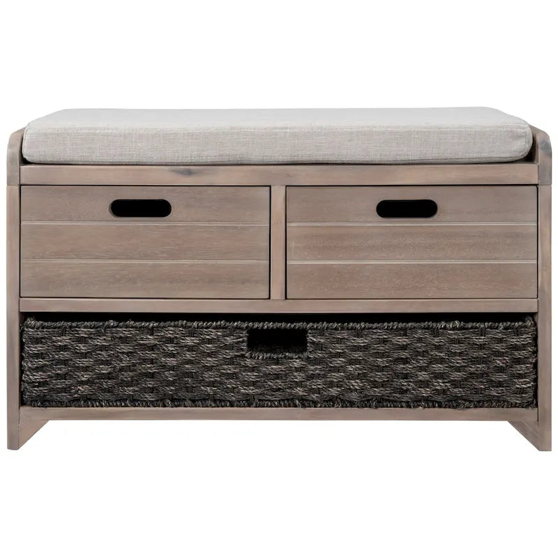 Rustic Wood Storage Bench with Cushioned Seat - 2 Drawers & Basket