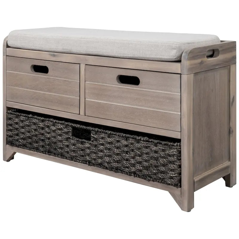 Rustic Wood Storage Bench with Cushioned Seat - 2 Drawers & Basket