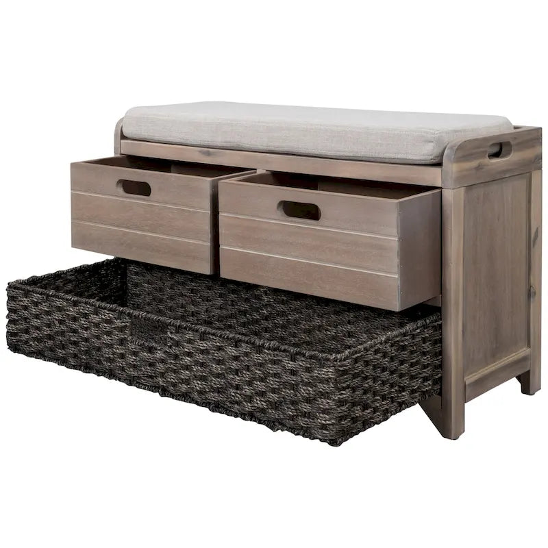 Rustic Wood Storage Bench with Cushioned Seat - 2 Drawers & Basket