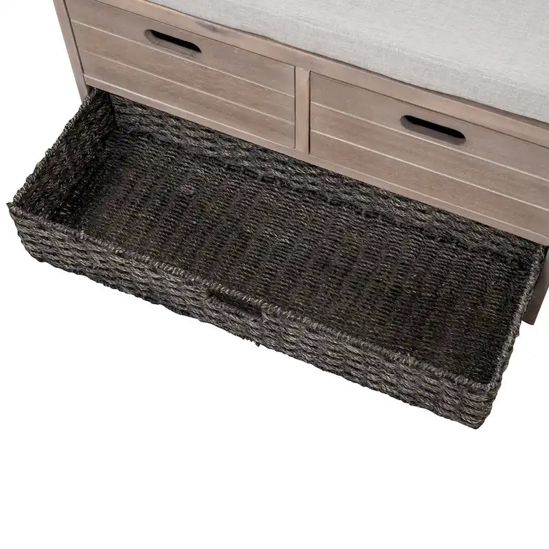 Rustic Wood Storage Bench with Cushioned Seat - 2 Drawers & Basket