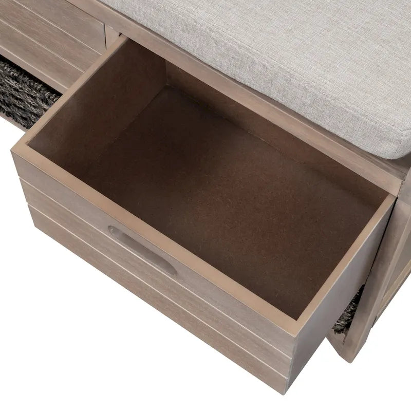 Rustic Wood Storage Bench with Cushioned Seat - 2 Drawers & Basket