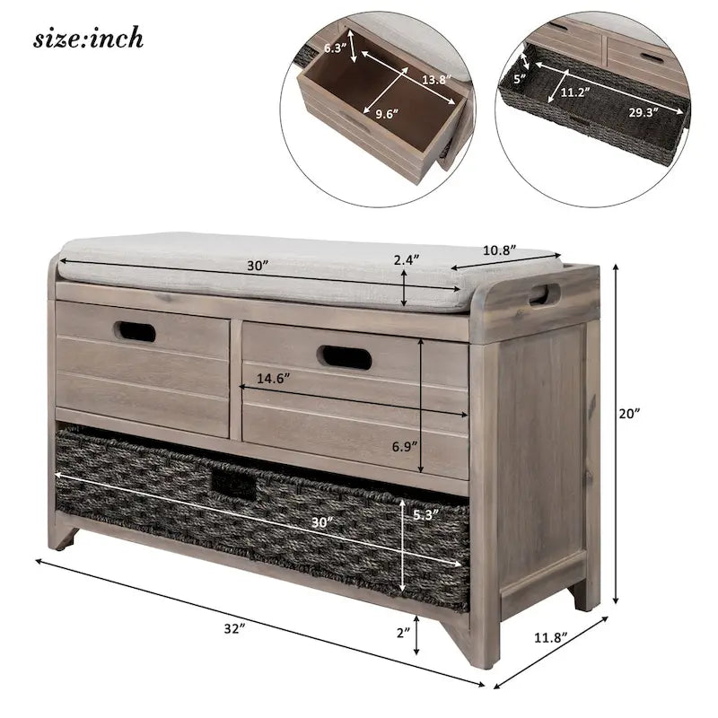 Rustic Wood Storage Bench with Cushioned Seat - 2 Drawers & Basket