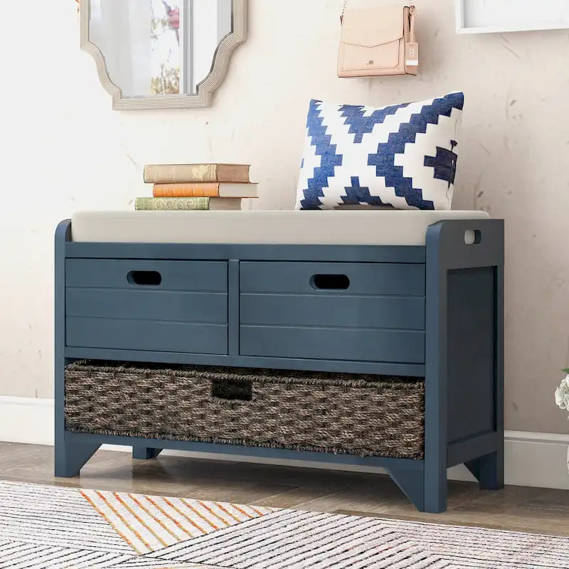 Rustic Wood Storage Bench with Cushioned Seat - 2 Drawers & Basket