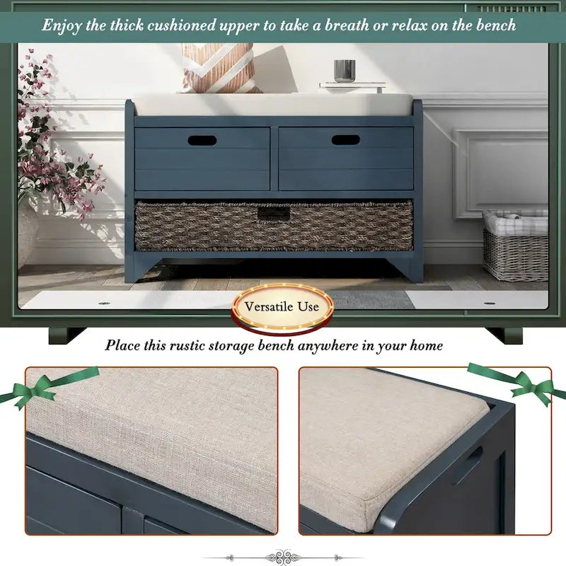 Rustic Wood Storage Bench with Cushioned Seat - 2 Drawers & Basket