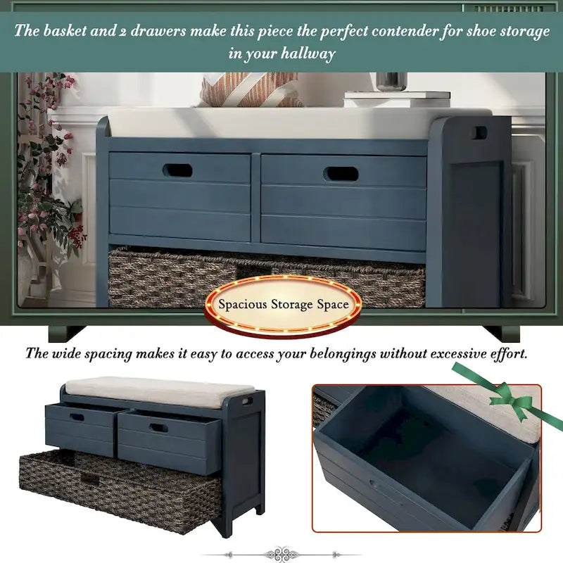 Rustic Wood Storage Bench with Cushioned Seat - 2 Drawers & Basket