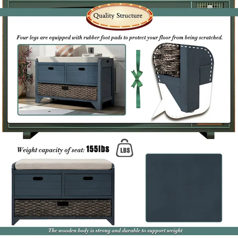 Rustic Wood Storage Bench with Cushioned Seat - 2 Drawers & Basket